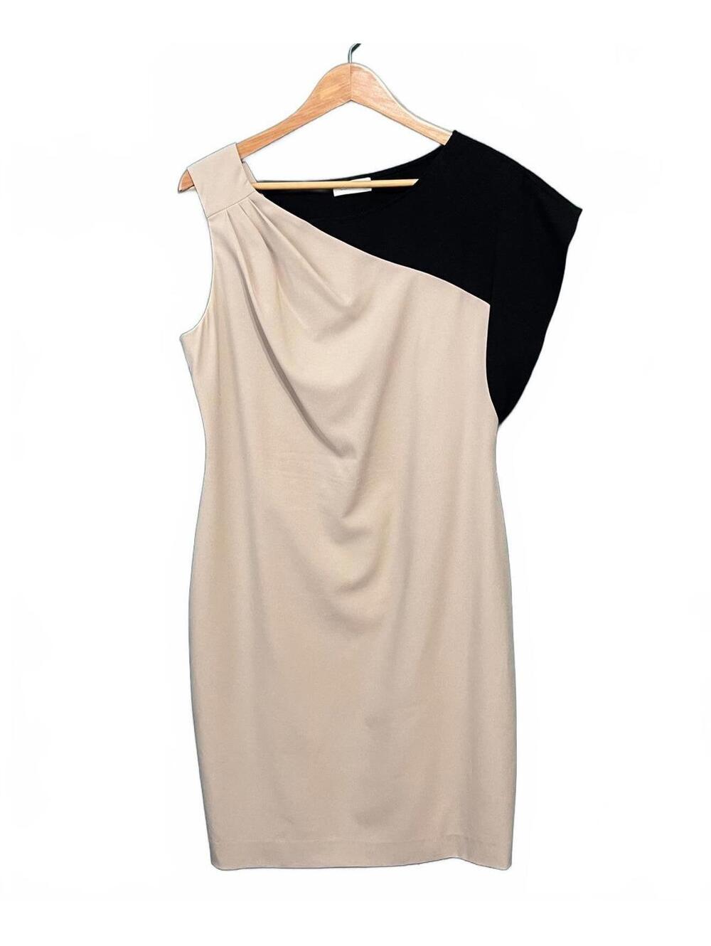 Calvin Klein One Shoulder Asymmetric Neutral Colorblock Midi Sheath Dress Size L